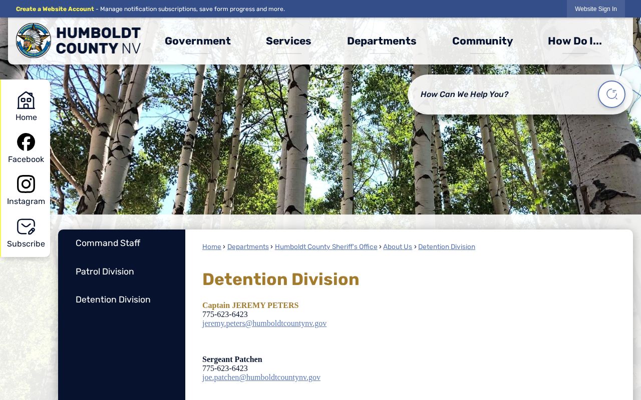 Humboldt County Detention Division booking and arrest contact page