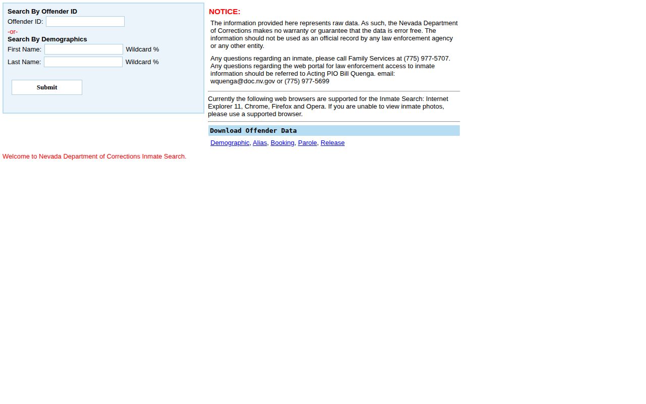 Nevada DOC offender photo and custody search for Humboldt County records