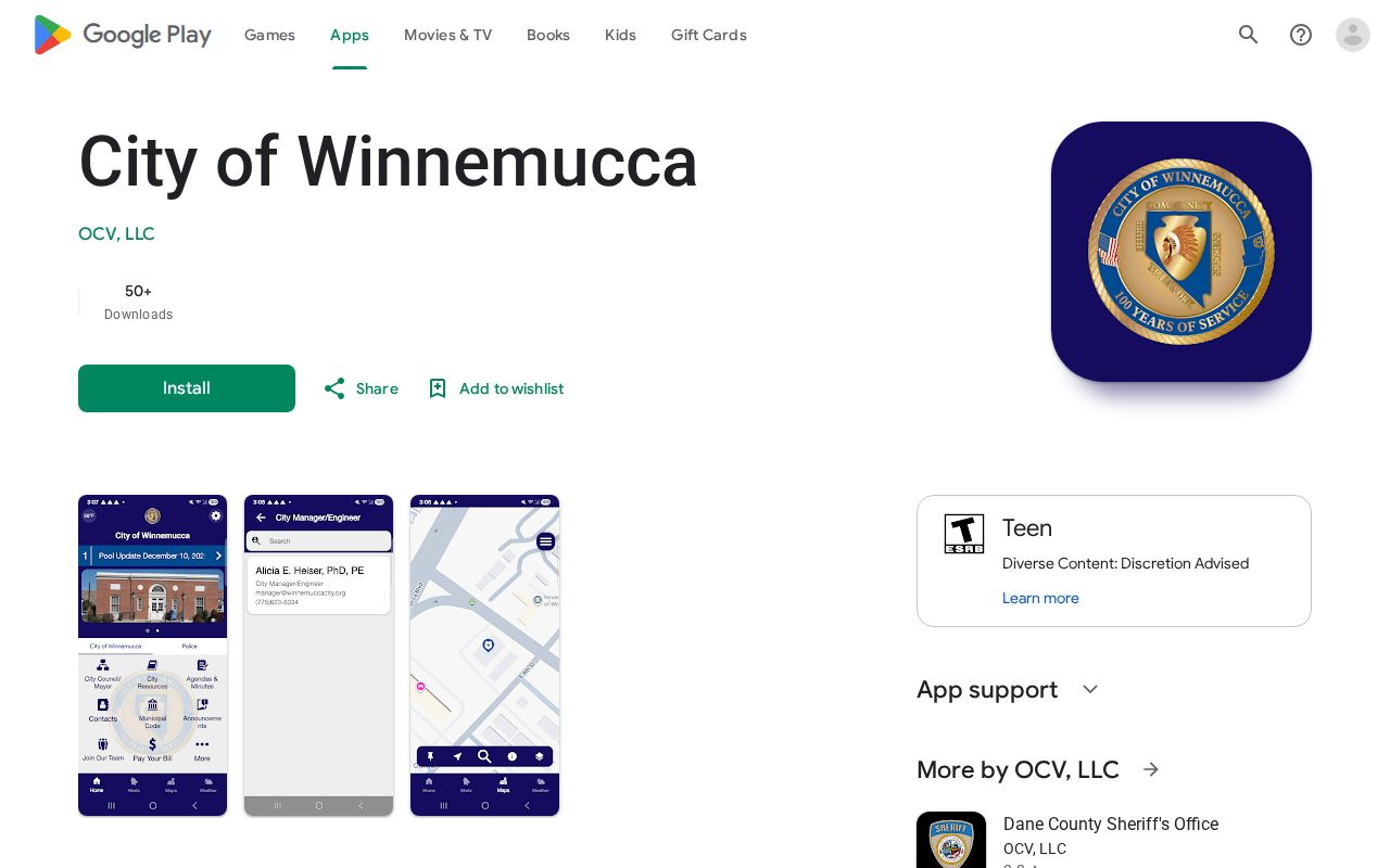 City of Winnemucca app listing with police communication features