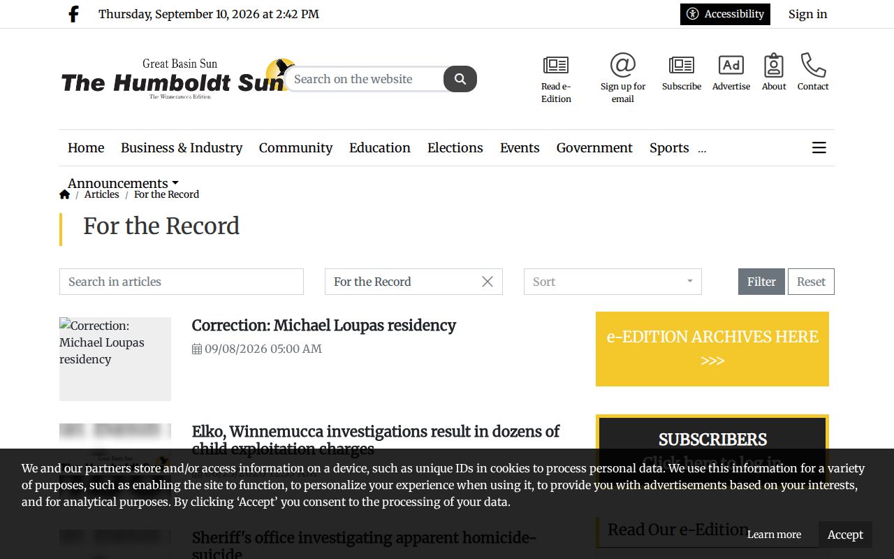The Humboldt Sun For the Record section for Humboldt County court and arrest reports