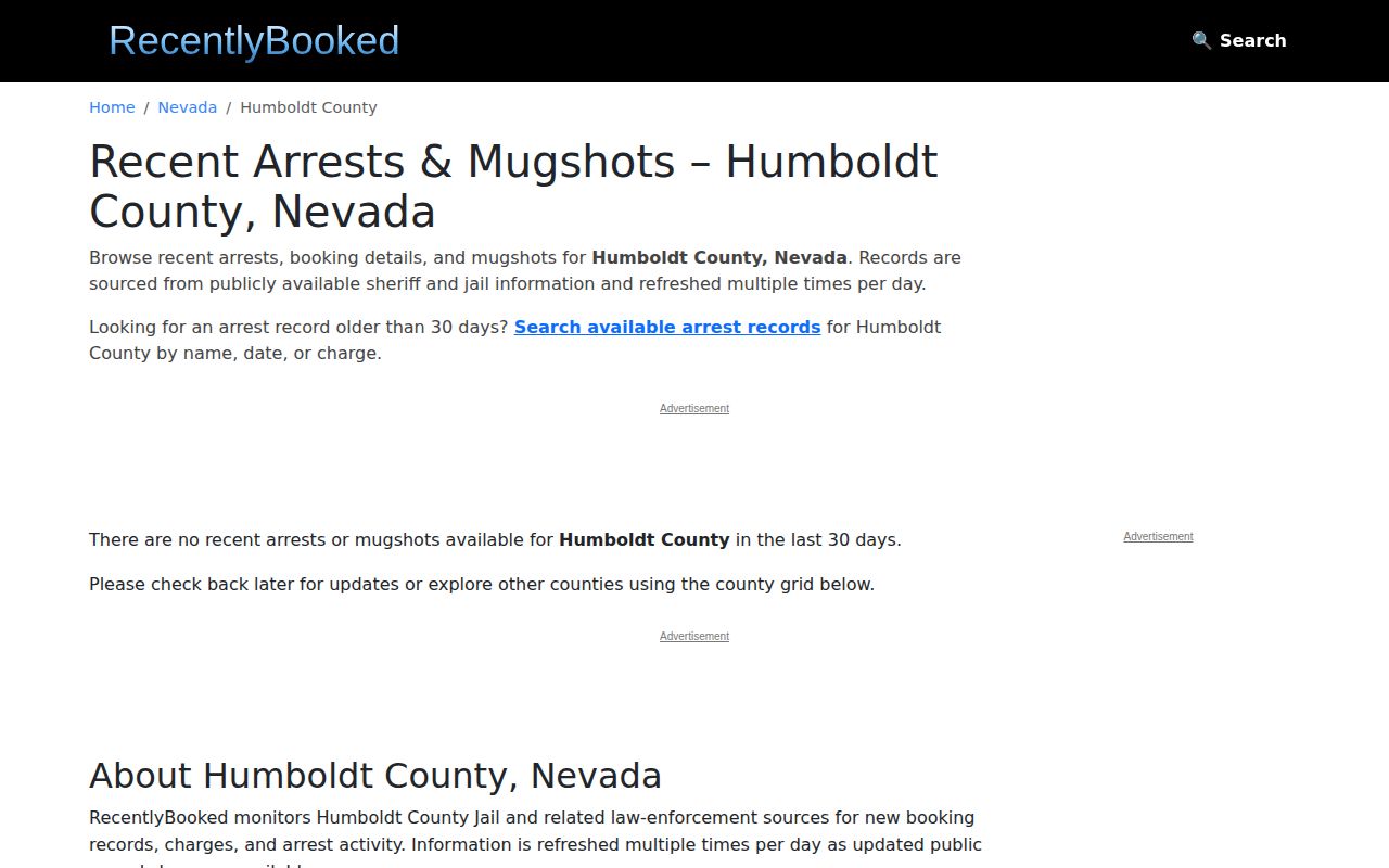 Unofficial RecentlyBooked Humboldt County page observed without current arrest results